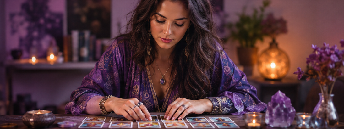 Professional psychic advisor reading Tarot cards